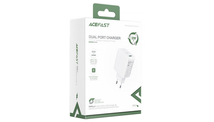 Сетевое зарядное устройство (зарядка) Acefast A5 PD32W GaN (USB-C+USB-A) White - фото