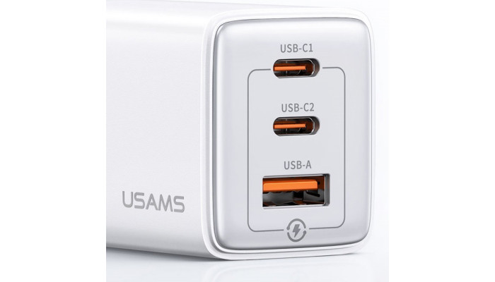 Мережевий зарядний пристрій (зарядка) Usams US-CC180 65W ACC 3 Ports GaN Sandru series White - фото