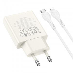 Сетевое зарядное устройство (зарядка) Hoco N45 Biscuit PD30W+QC3.0 + Type-C to Lightning Moonlight white