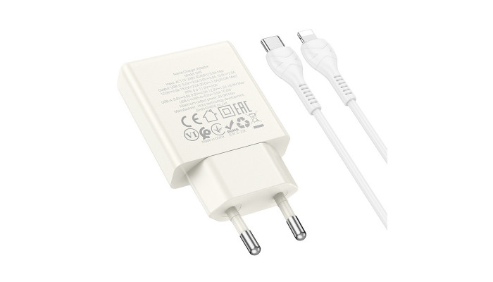 Сетевое зарядное устройство (зарядка) Hoco N45 Biscuit PD30W+QC3.0 + Type-C to Lightning Moonlight white - фото