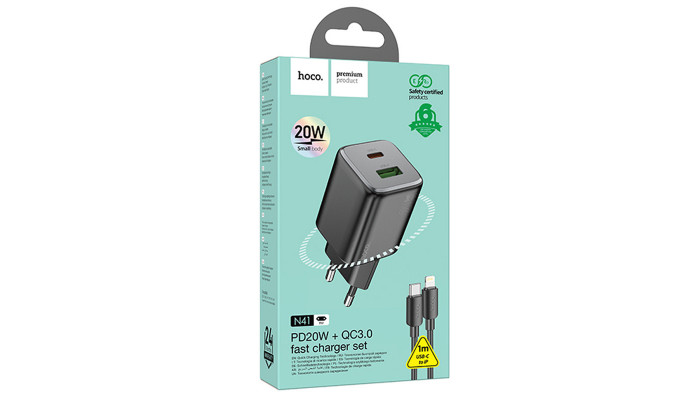 Мережевий зарядний пристрій (зарядка) Hoco N41 Almighty PD20W+QC3.0 + Type-C to Lightning Black - фото