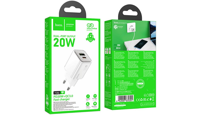 Мережевий зарядний пристрій (зарядка) Hoco N46 Glorious PD20W+QC3.0 (1USB-A/1C) White - фото