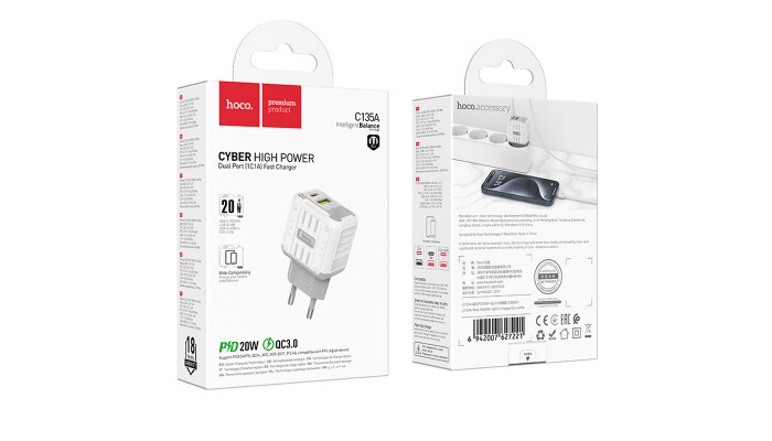 Сетевое зарядное устройство (зарядка) Hoco C135A Rock PD20W+QC3.0 (1USB-A/1USB-C) White - фото