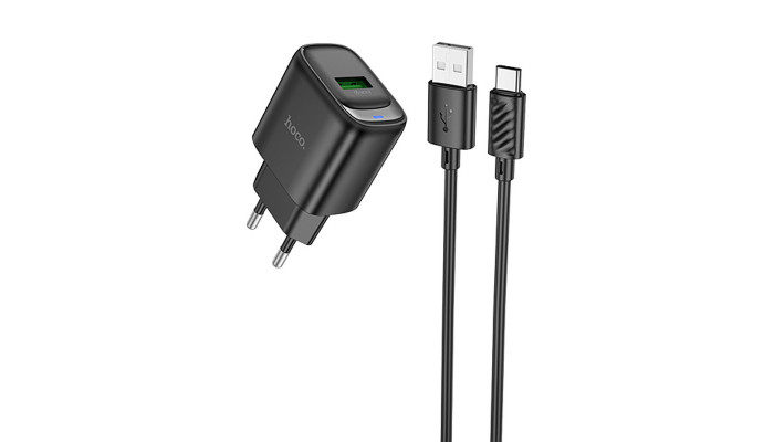 Мережевий зарядний пристрій (зарядка) Hoco C140A Smart QC3.0 (1USB/3A) + Type-C Black - фото