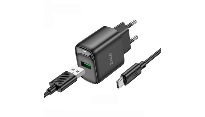 Мережевий зарядний пристрій (зарядка) Hoco C140A Smart QC3.0 (1USB/3A) + Type-C Black - фото