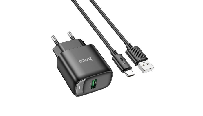 Мережевий зарядний пристрій (зарядка) Hoco C140A Smart QC3.0 (1USB/3A) + Type-C Black - фото