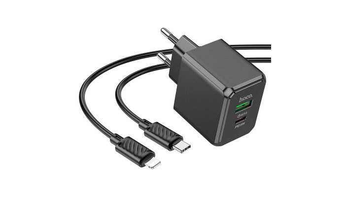 Сетевое зарядное устройство (зарядка) Hoco CS14A PD20W+QC3.0 (1USB-A/1C) + Type-C to Lightning Black - фото