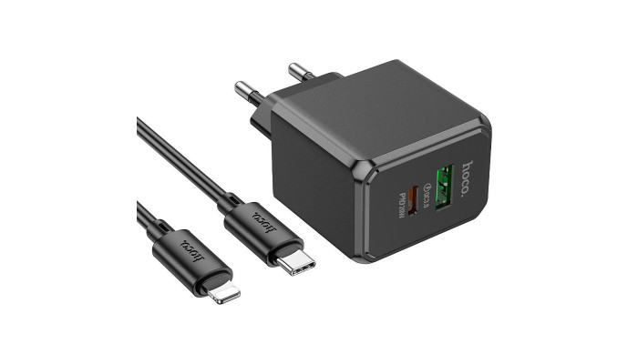 Сетевое зарядное устройство (зарядка) Hoco CS14A PD20W+QC3.0 (1USB-A/1C) + Type-C to Lightning Black - фото