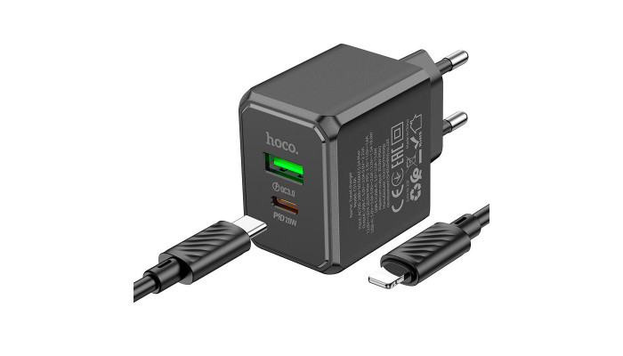 Сетевое зарядное устройство (зарядка) Hoco CS14A PD20W+QC3.0 (1USB-A/1C) + Type-C to Lightning Black - фото