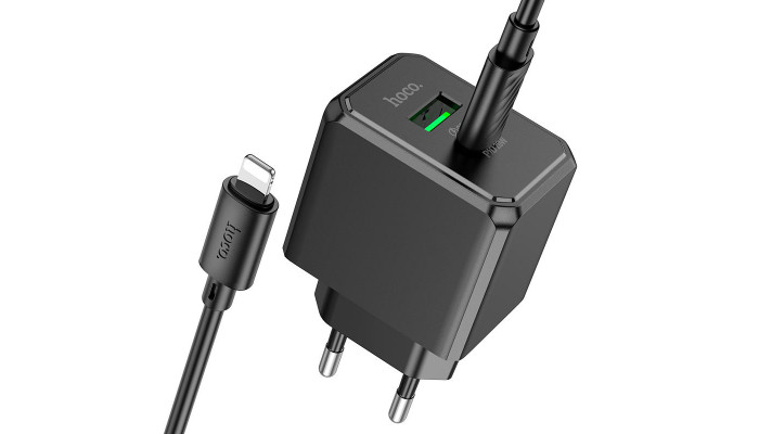 Сетевое зарядное устройство (зарядка) Hoco CS14A PD20W+QC3.0 (1USB-A/1C) + Type-C to Lightning Black - фото