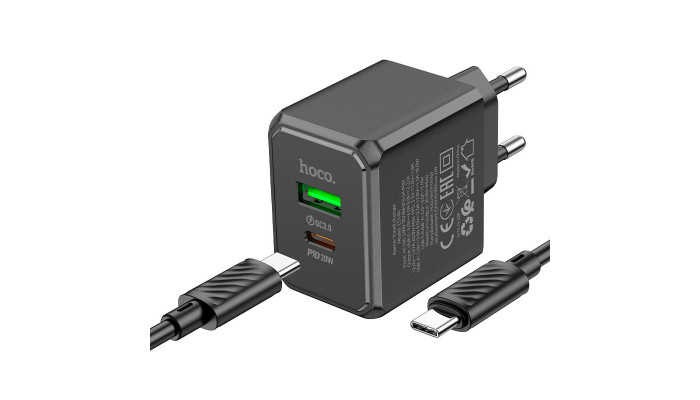 Сетевое зарядное устройство (зарядка) Hoco CS14A PD20W+QC3.0 (1USB-A/1C) + Type-C to Type-C Black - фото