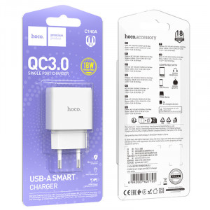 Сетевое зарядное устройство (зарядка) Hoco C140A Smart QC3.0 (1USB/3A) White