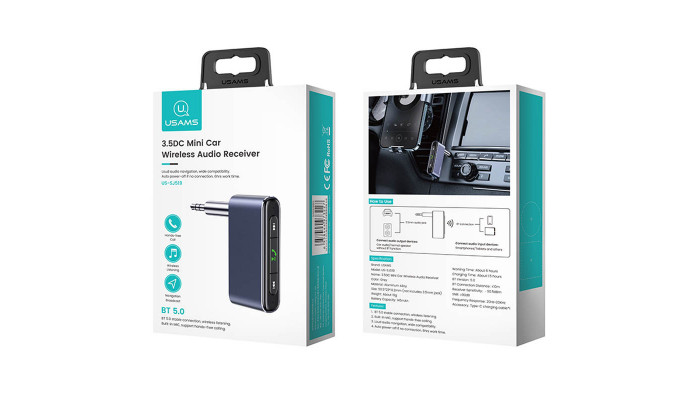Bluetooth ресивер Usams US-SJ519 3.5DC Mini Car Wireless Audio Receiver BT5.0 Серый - фото