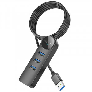 Переходник Borofone DH6 Erudite 4in1 Gigabit Ethernet (USB to USB3.0*3+RJ45) (0.2m) Black