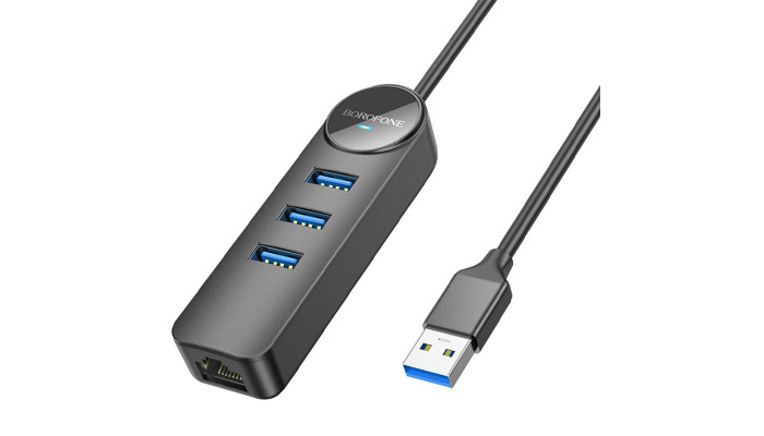 Переходник Borofone DH6 Erudite 4in1 Gigabit Ethernet (USB to USB3.0*3+RJ45) (0.2m) Black - фото