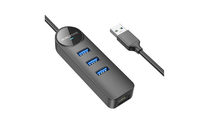 Переходник Borofone DH6 Erudite 4in1 Gigabit Ethernet (USB to USB3.0*3+RJ45) (0.2m) Black - фото