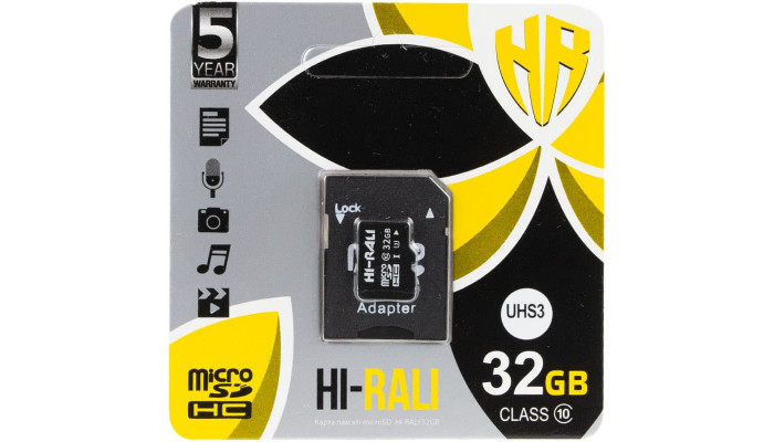 Карта пам'яті Hi-Rali microSDXC (UHS-3) 32 GB Card Class 10 з адаптером Чорний - фото