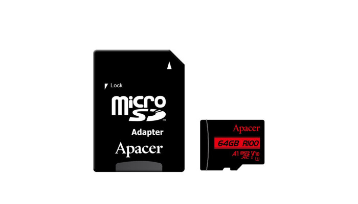 Карта пам'яті Apacer microSDXC (UHS-1) 64Gb class 10 V10 A1 R100MB/s + SD adapter Black - фото