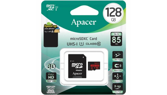 Карта памяти Apacer microSDXC (UHS-1) 128Gb class 10 R85MB/s + SD adapter Black - фото