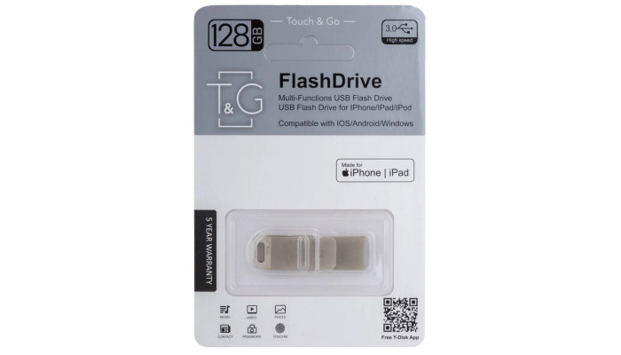 Флеш-драйв T&G 008 Metal series USB 3.0 - Lightning 128GB Серебряный - фото