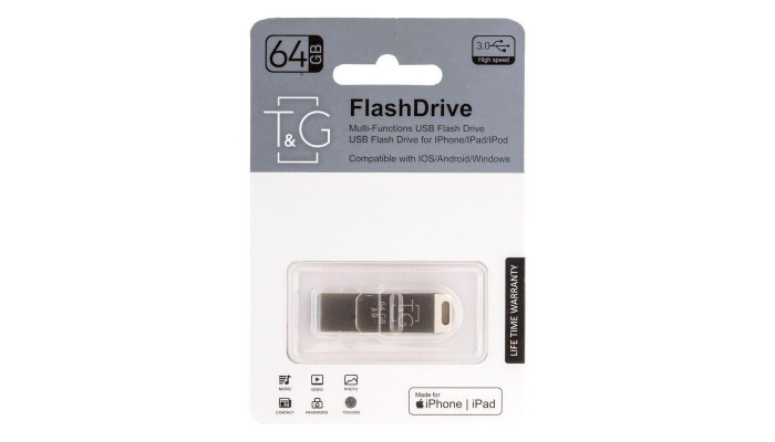 Флеш-драйв T&G 008 Metal series USB 3.0 - Lightning 64GB Серебряный - фото