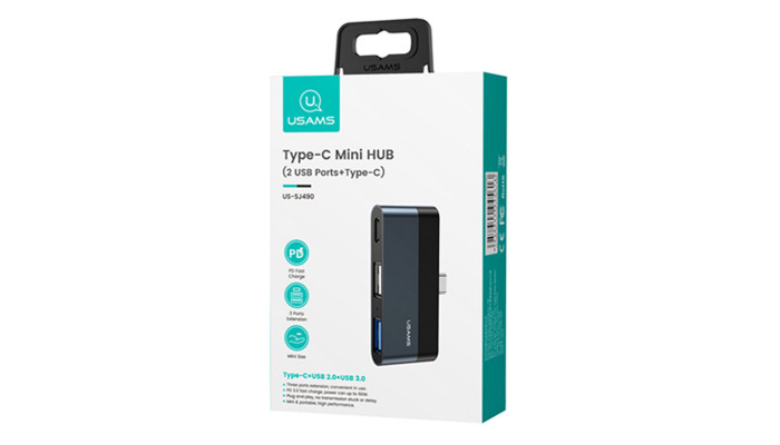 Перехідник HUB Usams US-SJ490 Type-C Mini Hub (2USB port + Type-C) Темно-сірий - фото