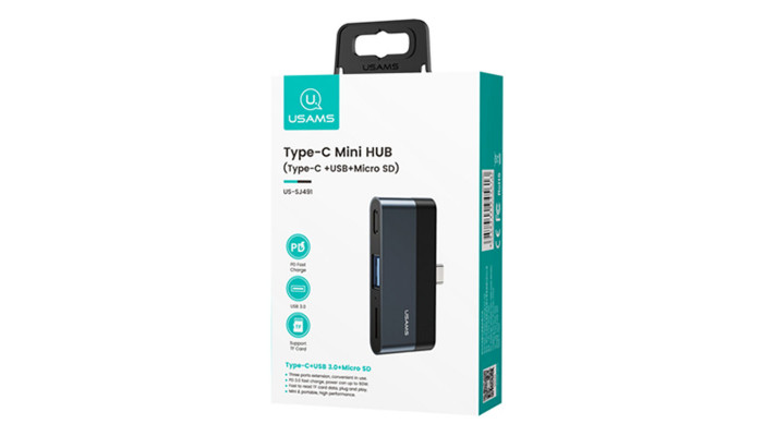 Переходник HUB Usams US-SJ491 Type-C Mini Hub (Type-C + USB + Micro SD) Темно-серый - фото