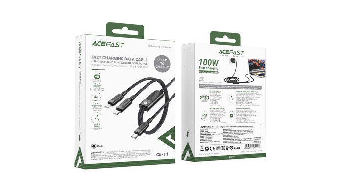 Дата кабель Acefast C5-11 USB-C to 2xUSB-C 100W (1.2m) Black - фото