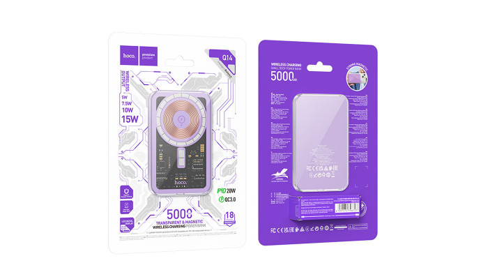 Зовнішній акумулятор Power Bank Hoco Q14 Ice Crystal PD20W з БЗП 5000 mAh Purple - фото