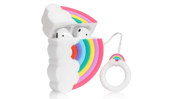 Силіконовий футляр Rainbow для навушників AirPods 1/2 + кільце Райдуга / Білий - фото