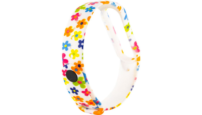 Силиконовый ремешок с рисунком для Xiaomi Mi Band 5 / 6 Разноцветные цветы / Белый - фото