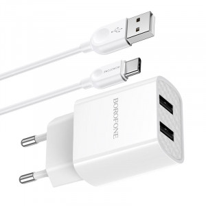 Сетевое зарядное устройство (зарядка) Borofone BA53A Powerway (2USB/2.1A) + Type-C Белый