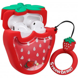 Силиконовый футляр Fruits series with Sparkles & Water для наушников AirPods 1/2 + кольцо strawberry / Красный