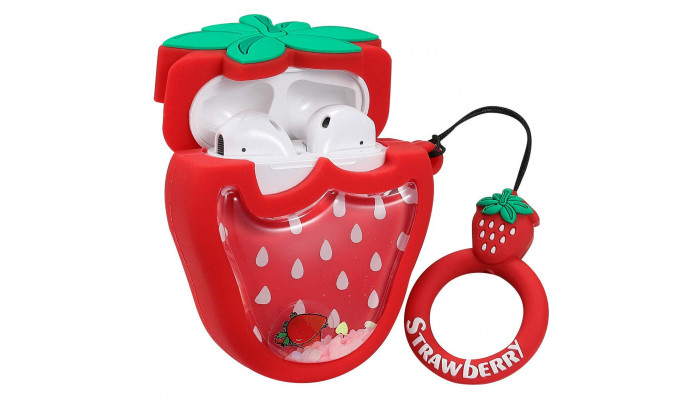 Силиконовый футляр Fruits series with Sparkles & Water для наушников AirPods 1/2 + кольцо strawberry / Красный - фото