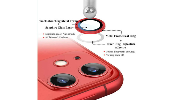 Захисне скло Metal Classic на камеру (в упак.) для Apple iPhone 12 / 12 mini / 11 Червоний / Red - фото