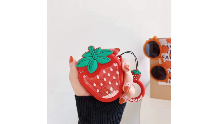 Силиконовый футляр Fruits series with Sparkles & Water для наушников AirPods 1/2 + кольцо strawberry / Красный - фото