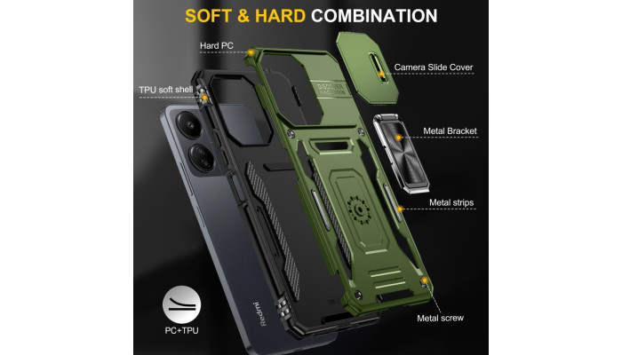 Ударопрочный чехол Camshield Army Ring для Xiaomi Redmi Note 13 Pro 4G / Poco M6 Pro 4G Оливковый / Army Green - фото