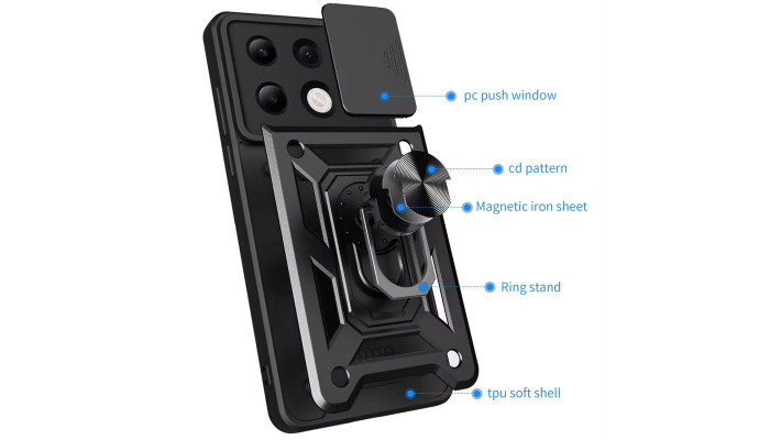 Ударопрочный чехол Camshield Serge Ring для Xiaomi Redmi Note 13 Pro 4G / Poco M6 Pro 4G Черный - фото