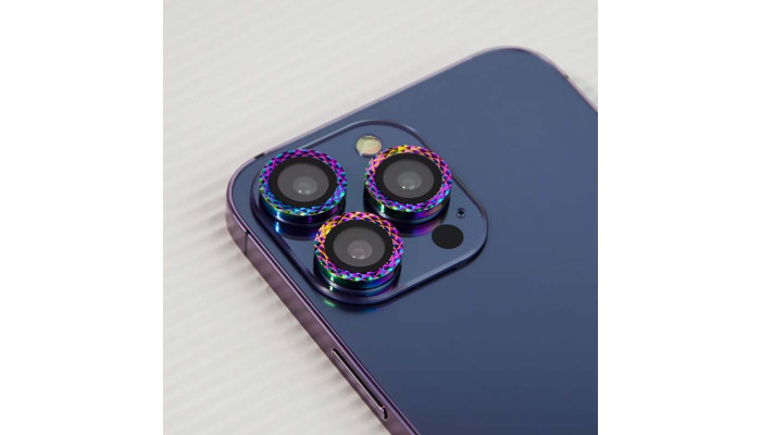 Защитное стекло Metal Shine на камеру (в упак.) для Apple iPhone 13 Pro / 13 Pro Max Сиреневый / Rainbow - фото