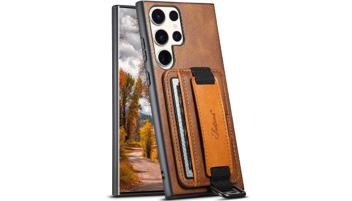 Кожаный чехол Wallet case and straps для Samsung Galaxy S24 Ultra Коричневый / Brown - фото