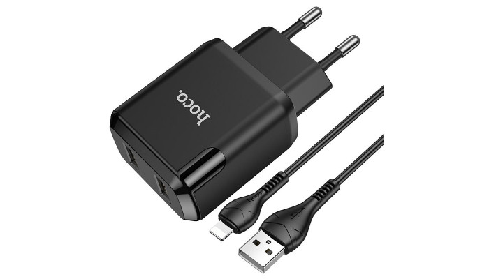 Мережевий зарядний пристрій (зарядка) HOCO N7 (2USB/2,1A) + USB - Lightning Чорний - фото
