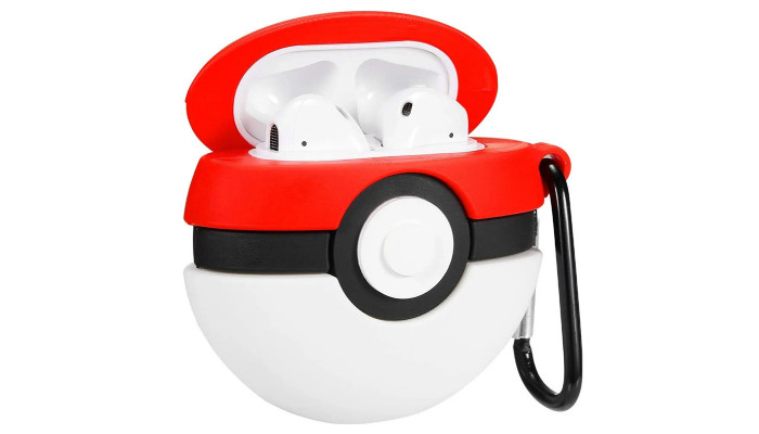 Силиконовый футляр Pokemon series для наушников AirPods + карабин Покебол/Красно-белый - фото