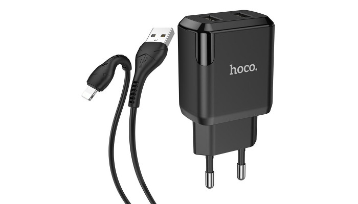Сетевое зарядное устройство (зарядка) HOCO N7 (2USB/2,1A) + USB - Lightning Черный - фото
