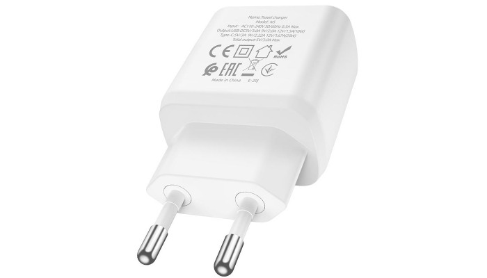 Мережевий зарядний пристрій (зарядка) Hoco N5 Favor 20W PD+QC3.0 (1USB/1Type-C/3A) Білий - фото
