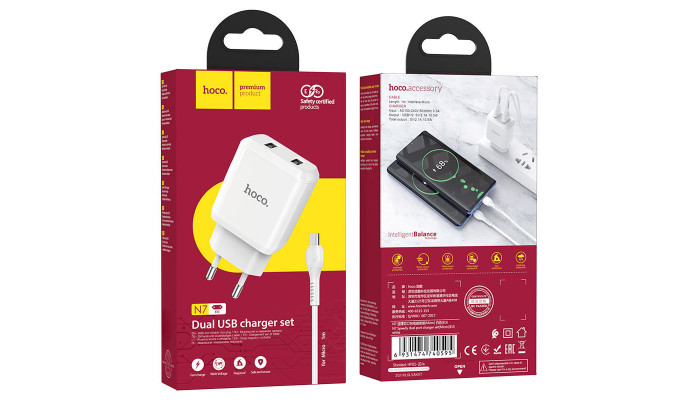 Сетевое зарядное устройство (зарядка) HOCO N7 (2USB/2,1A) + USB - MicroUSB Белый - фото