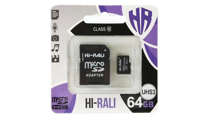 Карта памяти Hi-Rali microSDXC (UHS-3) 64 GB Card Class 10 с адаптером Черный - фото