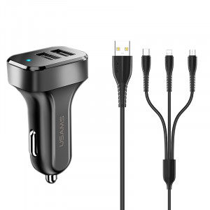 Автомобільний зарядний пристрій Usams C13 2.1A Dual USB + U35 3IN1 Charging Cable (1m) Чорний